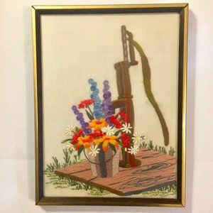 Framed Crewel Embroidery Colorful Floral Country Pump Scene